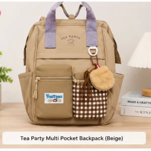 Beige multi-pocket backpack with practical storage and cute everyday styling.