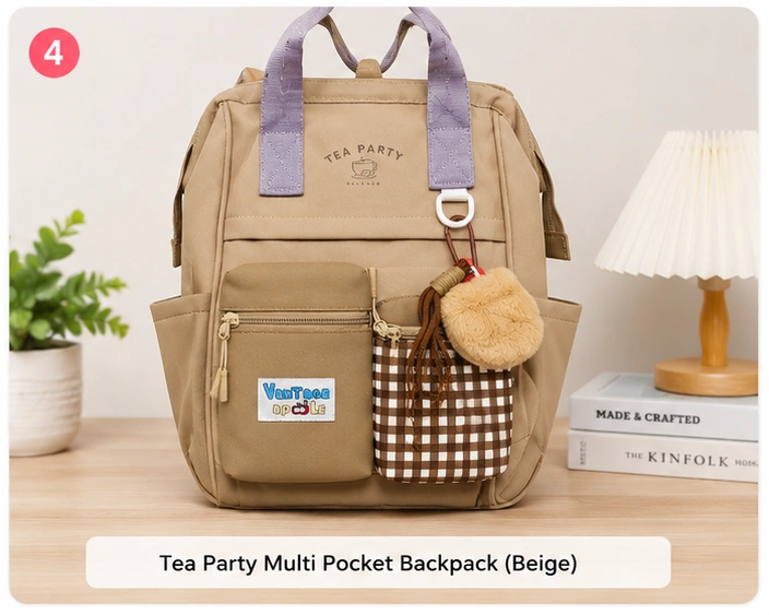 Beige multi-pocket backpack with practical storage and cute everyday styling.