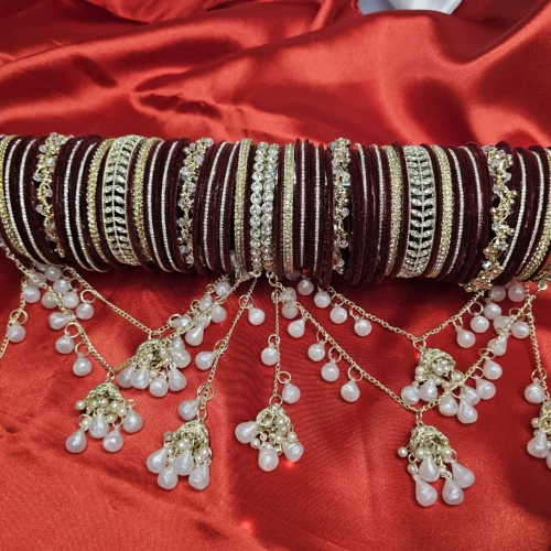 Wine Maroon Velvet Bridal Bangle Set with pearl Latkan & Stone Kangan