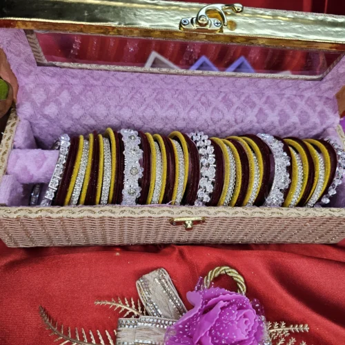 Mustard Yellow & Maroon Velvet Bridal Chooda Set with Stone Kangan