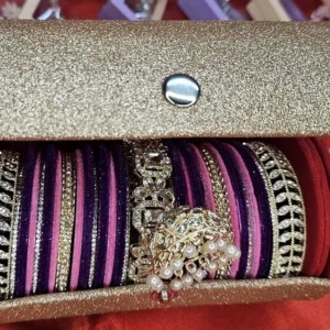 Purple & Pink Velvet Bridal Bangle Set with Stone Kangan & Pearl Jhumka
