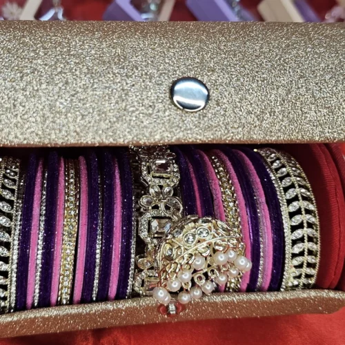 Purple & Pink Velvet Bridal Bangle Set with Stone Kangan & Pearl Jhumka