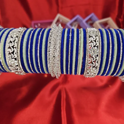 Royal Blue & Green Velvet Bridal Bangle Set with Silver-Tone Kangan