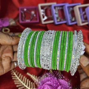 Parrot Green Velvet Designer Bangle Set with Silver-Tone Kangan