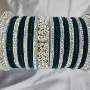 Dark Teal Velvet Designer Bangle Set with Silver-Tone Kangan