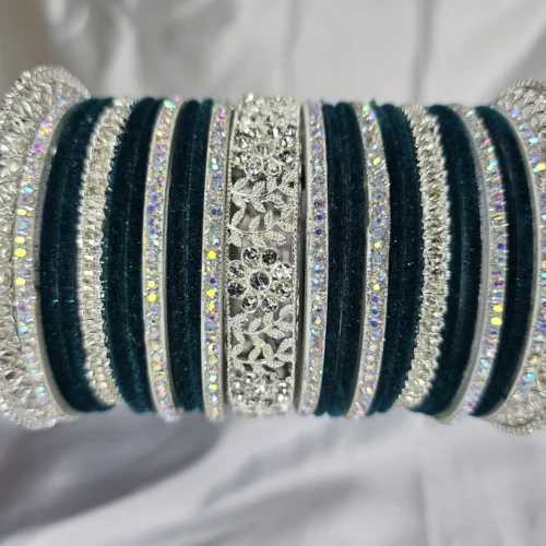 Dark Teal Velvet Designer Bangle Set with Silver-Tone Kangan