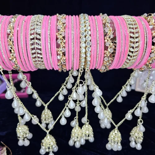 Hot Pink Velvet Bridal Bangle Set with Latkan & Pearl-Style Drops