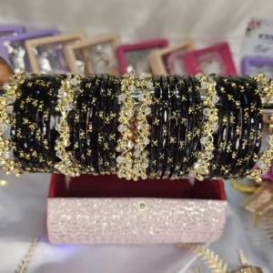 Kashmiri Black & Gold Designer Bangle Set with Crystal-Style Kangan