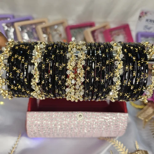 Kashmiri Black & Gold Designer Bangle Set with Crystal-Style Kangan