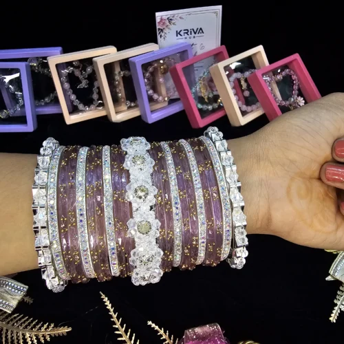 Lavender Mauve Designer Bangle Set with Floral Stone Kangan
