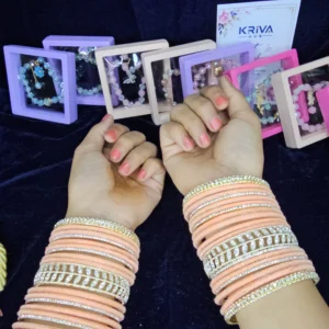 Peach Blush Velvet Designer Bangle Set with Stone Kangan