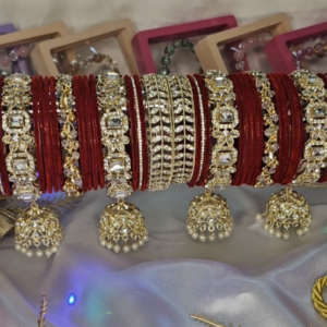 Red Bridal Velvet Bangle Set with Jhumka Latkan & Stone Kangan | Wedding Kundan Chooda